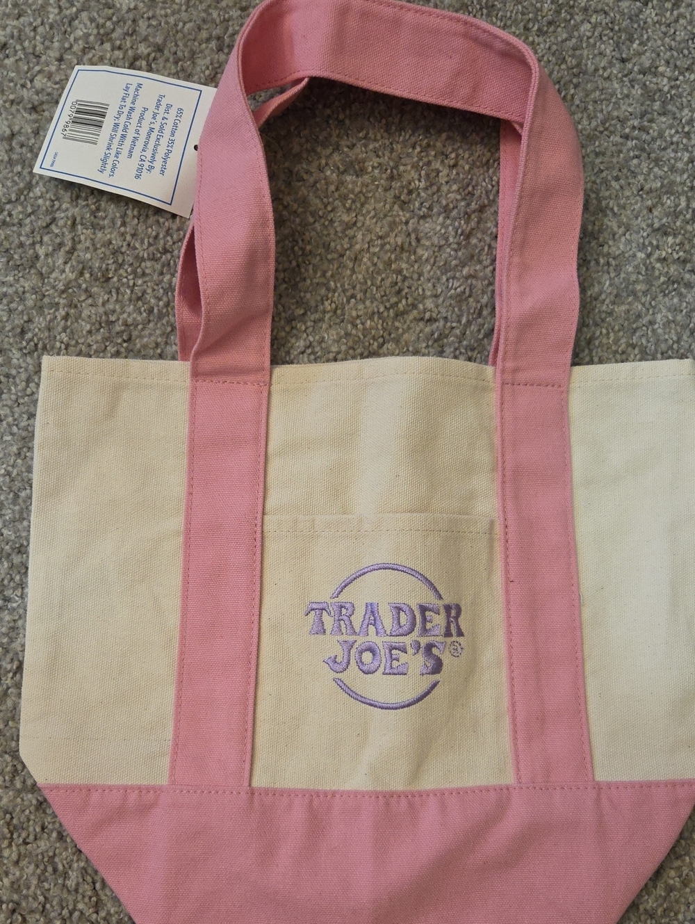 Trader Joes Mini Tote Pink and Cream Canvas Tote Bag NWT